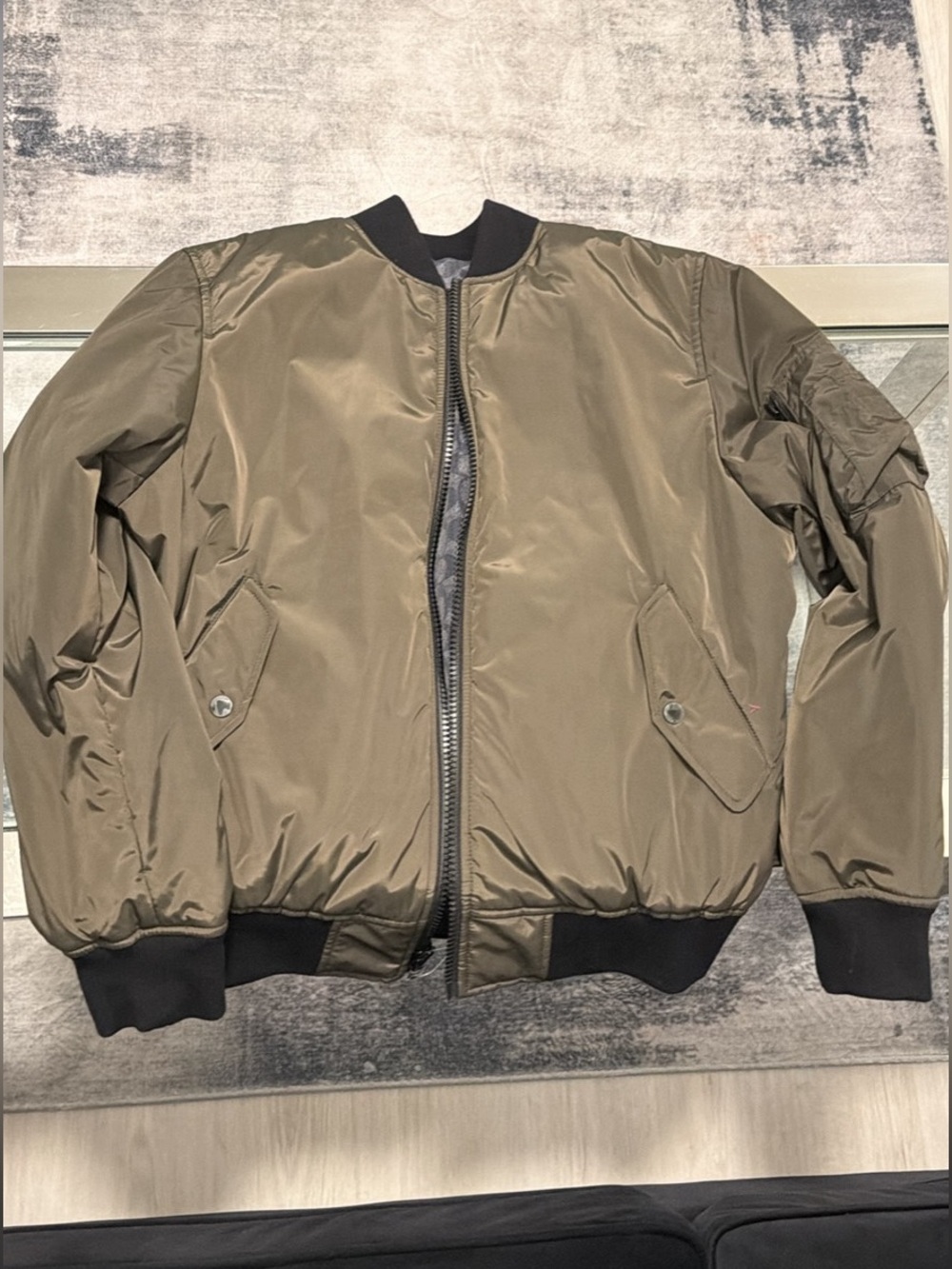 Coach Olive Green bomber jacket with reversible Blue Signature Lining
